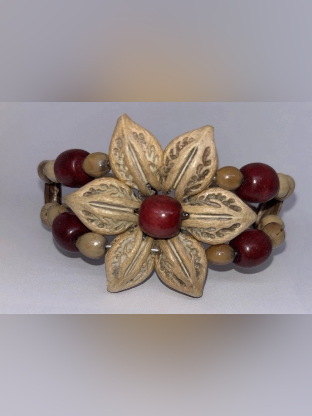Vintage Flower Natural Seeds Beads Wired Brown Red Cuff Bracelet Islands Beach